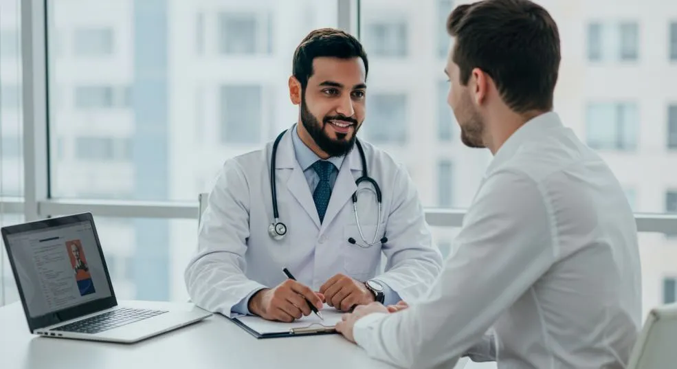 طبيبين يفحصا مريضًا لتشخيص اضطرابات الغدد الصماء