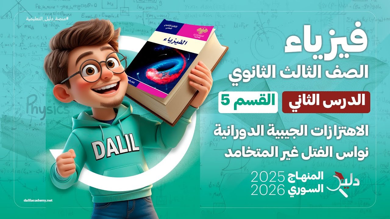 صورة تعليمية لشرح درس الاهتزازات الجيبية الدورانية نواس الفتل غير المتخامد – فيزياء الثالث الثانوي – منصة دليل التعليمية