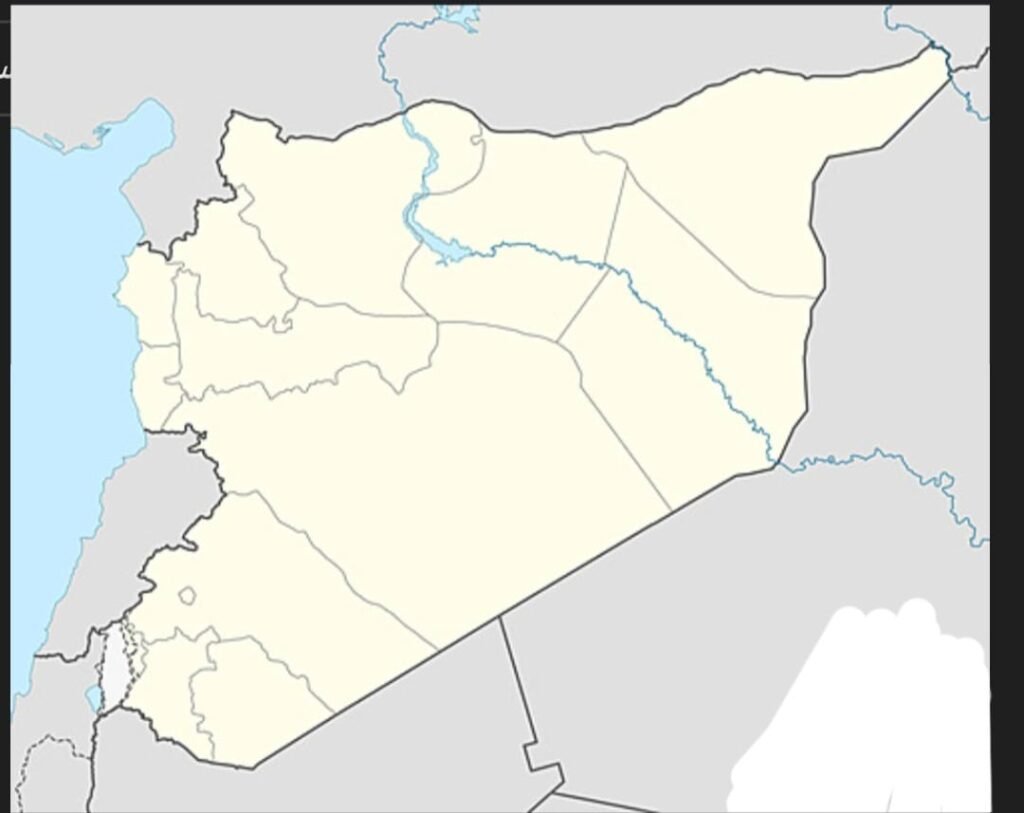 خريطة صماء لسوريا توضح الموقع الجغرافي والحدود الطبيعية والإدارية ضمن نموذج امتحان جغرافيا الصف التاسع