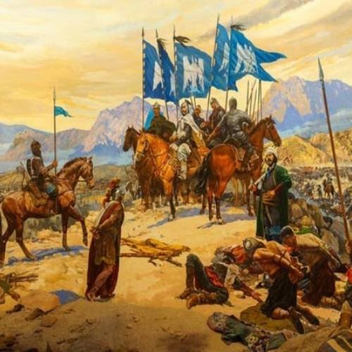 لوحة فنية تصور جيشاً إسلامياً منتصراً بقيادة أمير عربي، ترمز إلى الدور العسكري الهام الذي لعبته **نشأة الدولة الحمدانية** في حماية الحدود الإسلامية من البيزنطيين.