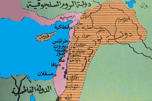 خريطة توضح امتداد الدولة الزنكية في بلاد الشام والعراق خلال القرن الثاني عشر الميلادي ومواقع الإمارات الصليبية المجاورة