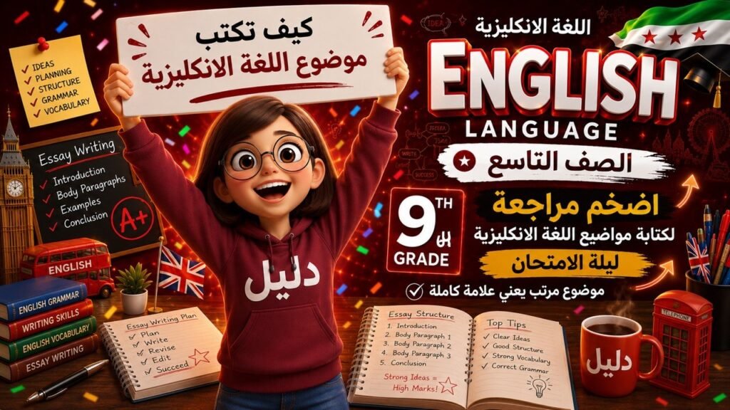مراجعة شاملة لكتابة التعبير والموضوع ليلة الامتحان مدمجة مع نماذج اللغة الانجليزية للصف التاسع في سوريا.