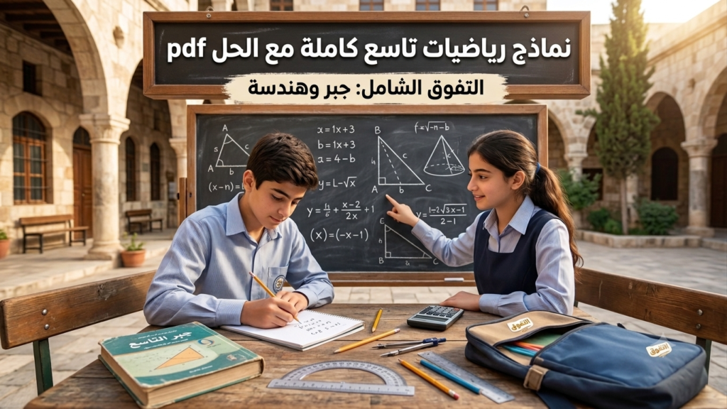 صورة تعليمية تظهر طالب وطالبة يدرسان مادة الرياضيات أمام سبورة تحتوي على رسومات هندسية ومعادلات، مع نص علوي يعلن عن توفر نماذج رياضيات تاسع كاملة مع الحل pdf ودليل التفوق الشامل لقسمي الجبر والهندسة.