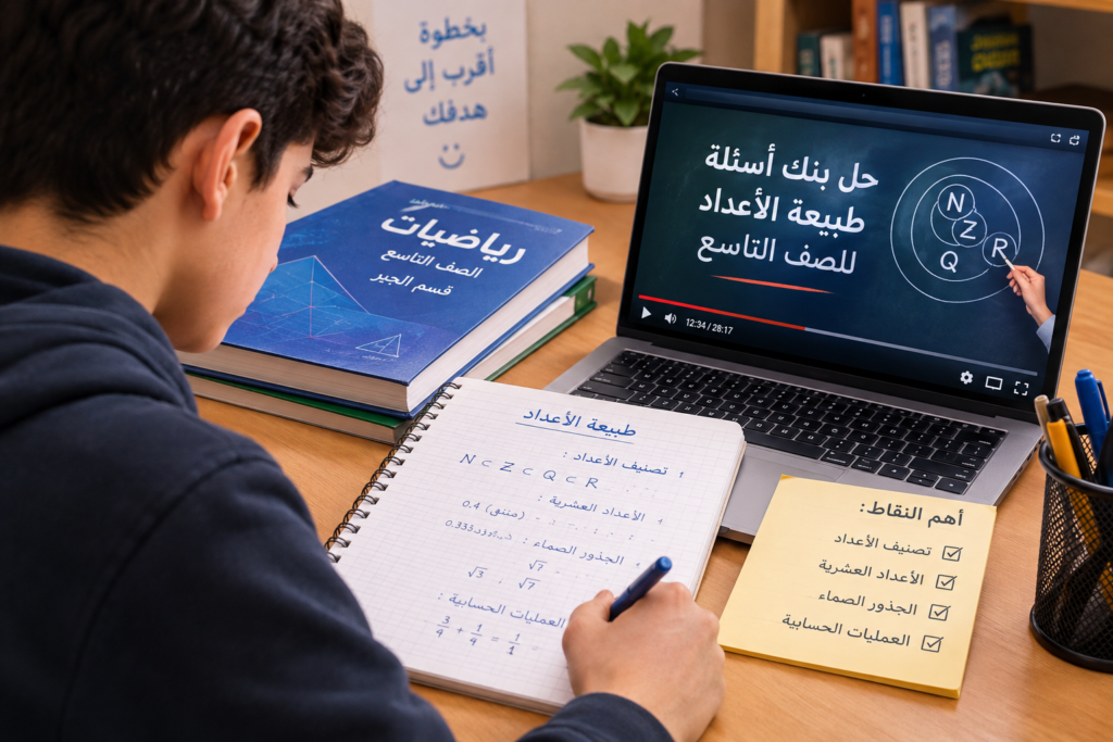 طالب صف تاسع يدرس طبيعة الأعداد في مادة الرياضيات